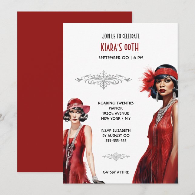 Invitación Tema de Gatsby rojo chicas de flapor negro melanin (Anverso / Reverso)