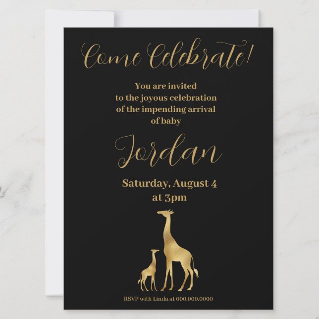 Invitación Tema de Giraffe Baby Shower Negro y Oro (Anverso)