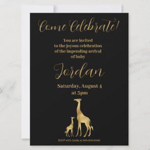 Invitación Tema de Giraffe Baby Shower Negro y Oro