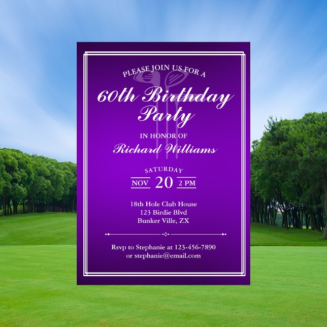 Invitación Tema de Golf Clásico Púrpura Blanco 60 Cumpleaños (Subido por el creador)