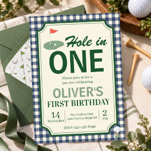 Invitación Tema de Golf Cumpleaños 1er Fiesta Verde Gingham