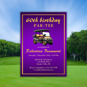 Invitación Tema de Golf Elegante Carrito Purpura Dorado Cumpl