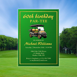 Invitación Tema de Golf Elegante Carrito Verde Dorado Cumplea