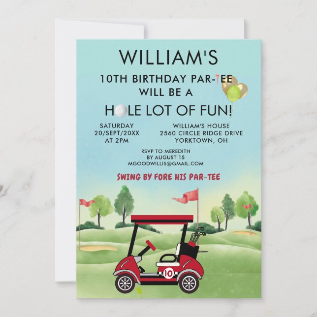 Invitación Tema de Golf para Niño Cumpleaños 10 Par-Tee (Anverso)