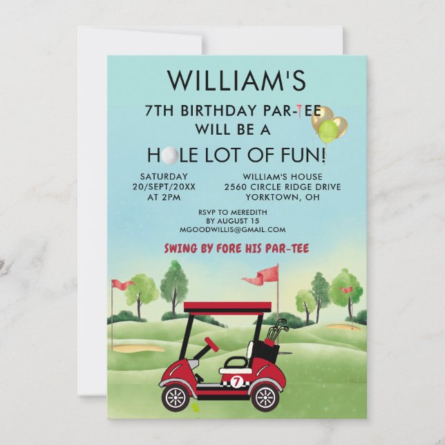Invitación Tema de Golf para Niño Cumpleaños 7 Par-Tee (Anverso)