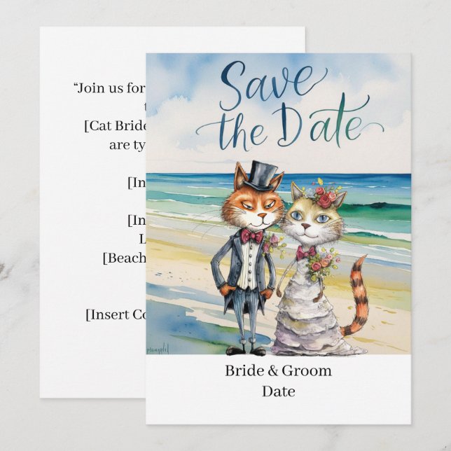 Invitación Tema de la boda de la playa del gato Boda (Anverso / Reverso)