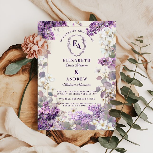 Invitación Tema de la Boda Jardín Elegante Morado y Crema (Subido por el creador)