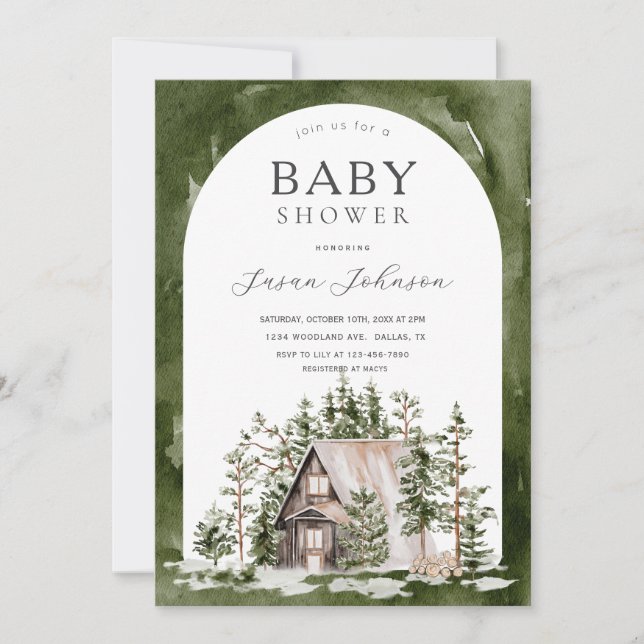 Invitación Tema de la Cabaña Bosque Woodland Green Baby Showe (Anverso)