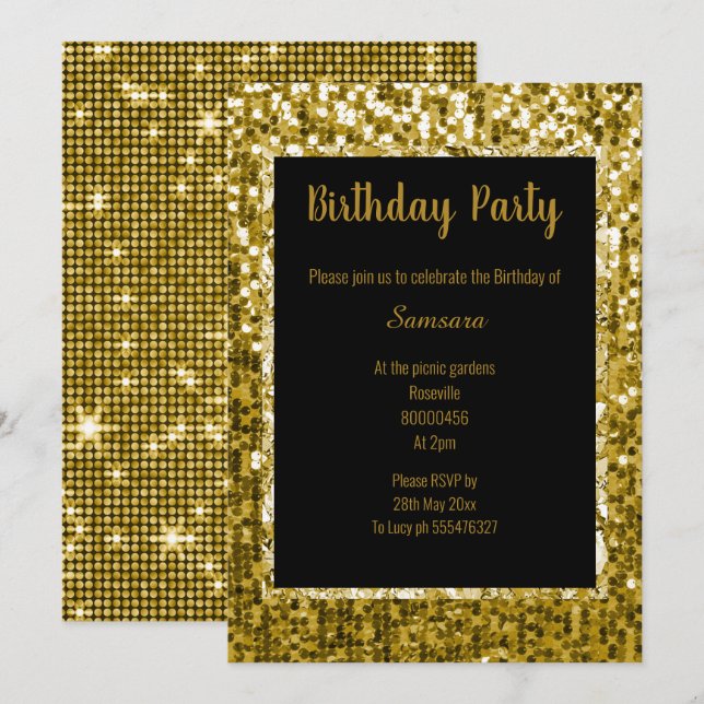 INVITACIÓN TEMA DE LA DISCOTECA NEGRA ORO SUPER SPARKLE CUMPL (Anverso / Reverso)