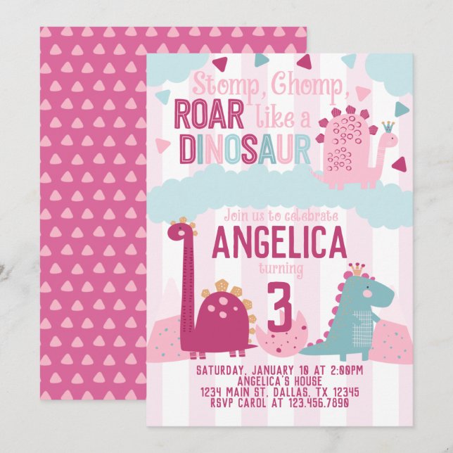 Invitación Tema de la fiesta de cumpleaños de Dinosaurio Chic (Anverso / Reverso)