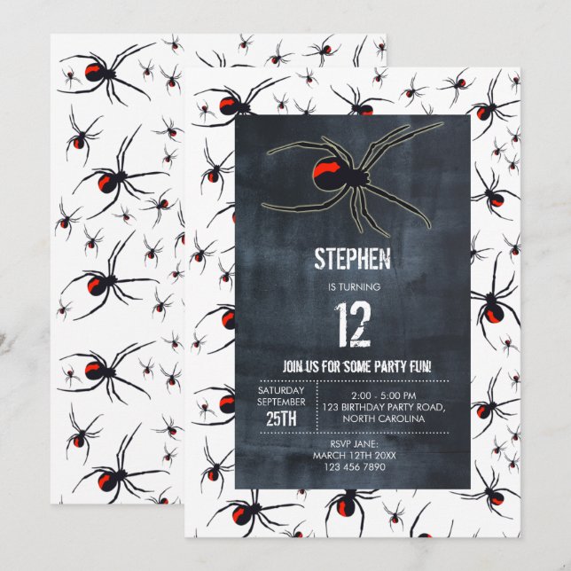 Invitación Tema de la fiesta de cumpleaños de la araña roja y (Anverso / Reverso)
