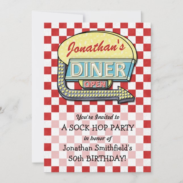 Invitación Tema de la fiesta de cumpleaños del retro 50 Diner (Anverso)