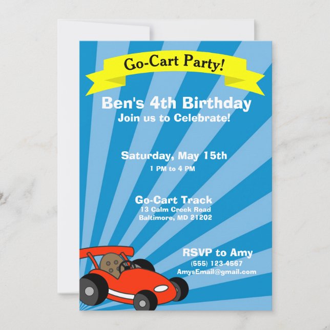 Invitación Tema de la fiesta de cumpleaños Go-Cart (Anverso)