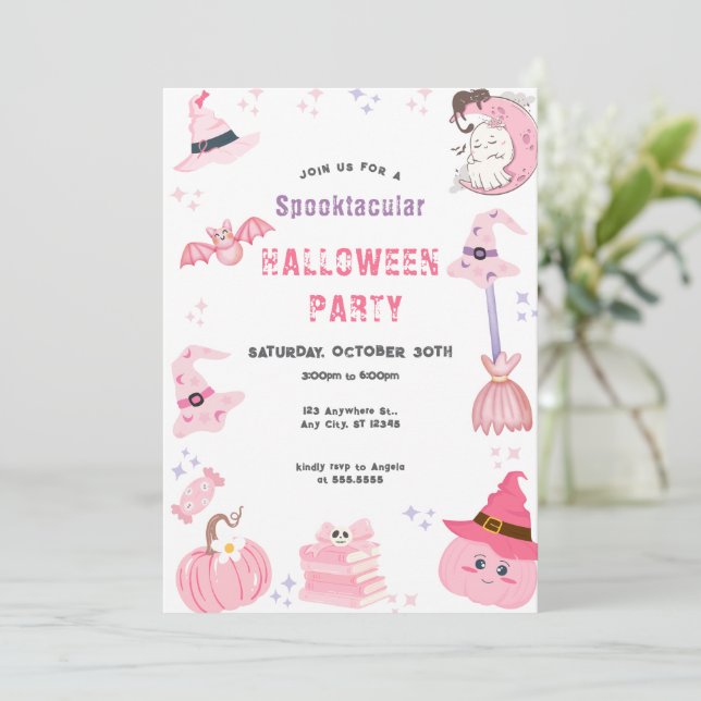 Invitación Tema de la fiesta de Halloween Spooktacular Rosa C (Anverso de pie)