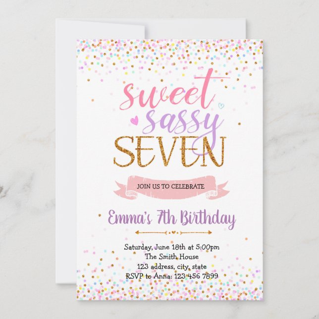 Invitación Tema de la fiesta de siete cumpleaños de Sweet Sas (Anverso)