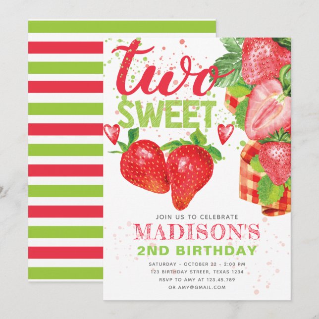 Invitación Tema de la fresa dulce segundo cumpleaños (Anverso / Reverso)