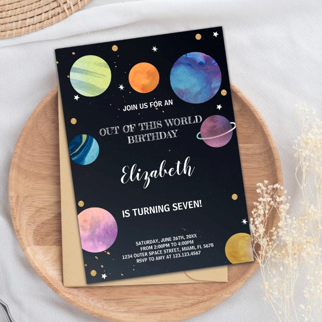 Invitación Tema de la Galaxia de Cohetes y Planetas para Niño (Black Outer Space Birthday Invitations)