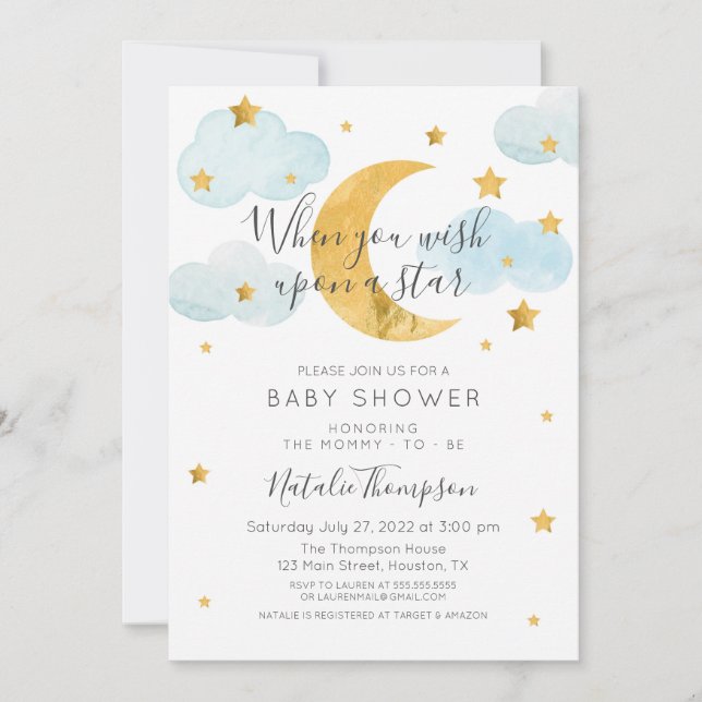 Invitación Tema de la Luna y las Estrellas Baby Shower (Anverso)