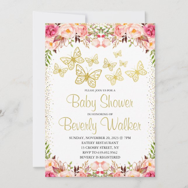 Invitación Tema de la mariposa Baby Shower Floral Botánica (Anverso)
