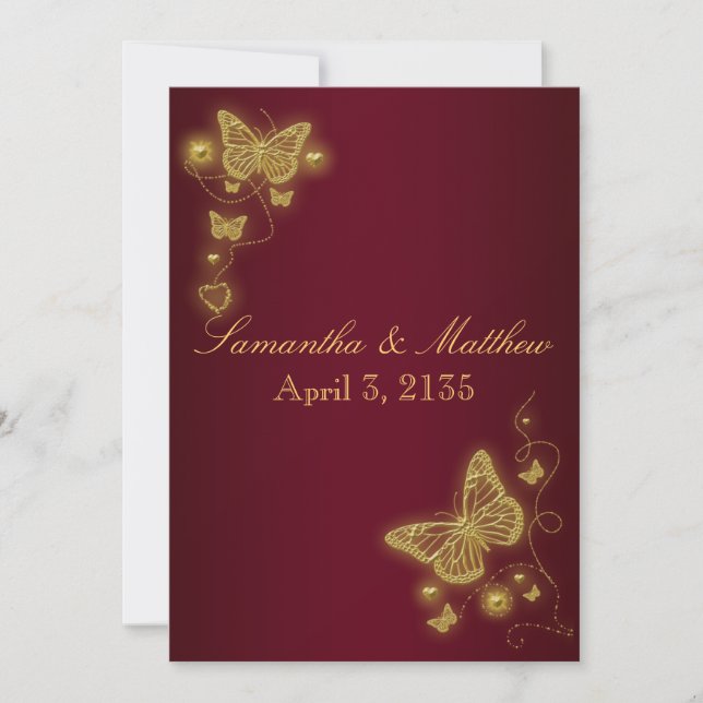 Invitación Tema de la mariposa del boda del oro de Borgoña (Anverso)