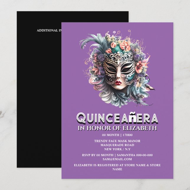 Invitación Tema de la mascarada verde azulada púrpura quincea (Anverso / Reverso)