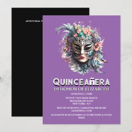Invitación Tema de la mascarada verde azulada púrpura quincea