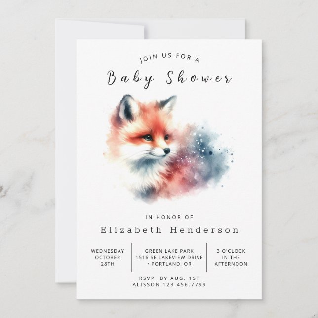 Invitación Tema de la naturaleza moderna Fox Baby Shower (Anverso)