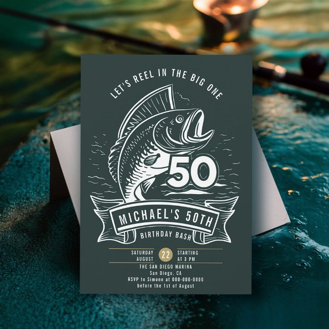 Invitación Tema De La Pesca Gran Rojo De Bass En Los Hombres  (fishing 50th birthday invitation men big one bass fish reel rod elegant modern simple classy)