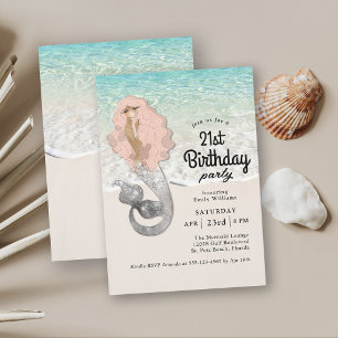 Invitación Tema de la playa de la sirena retro 21 cumpleaños