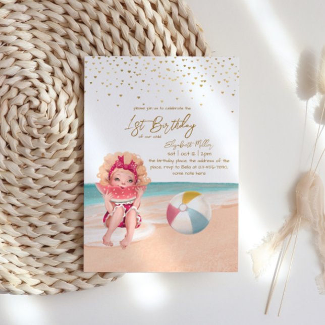 Invitación Tema de la playa Fiesta de verano bebé niña primer (Subido por el creador)