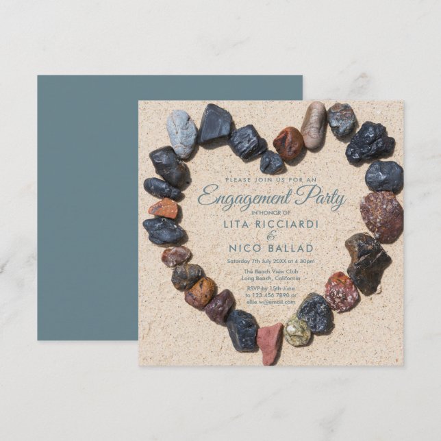 Invitación Tema de la playa Pebble Heart Engagement Party (Anverso / Reverso)