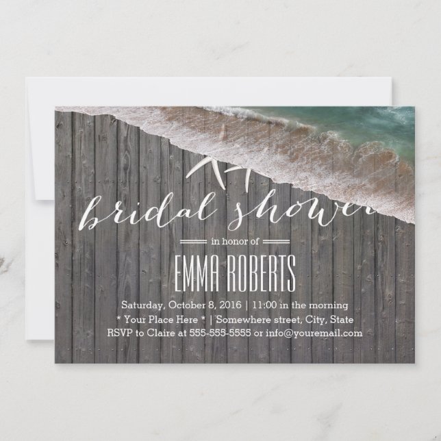 Invitación Tema de la playa Starfish Fondo de madera Bridal D (Anverso)
