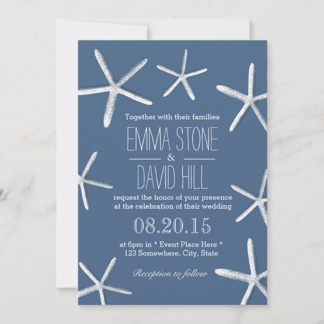 Invitación Tema de la playa Starfish Frame Navy Boda Azul (Anverso)