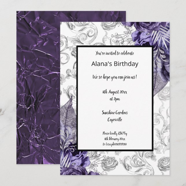 INVITACIÓN TEMA DE LA PRIMAVERA FLORAL PURPLE RELIEVE METALIZ (Anverso / Reverso)