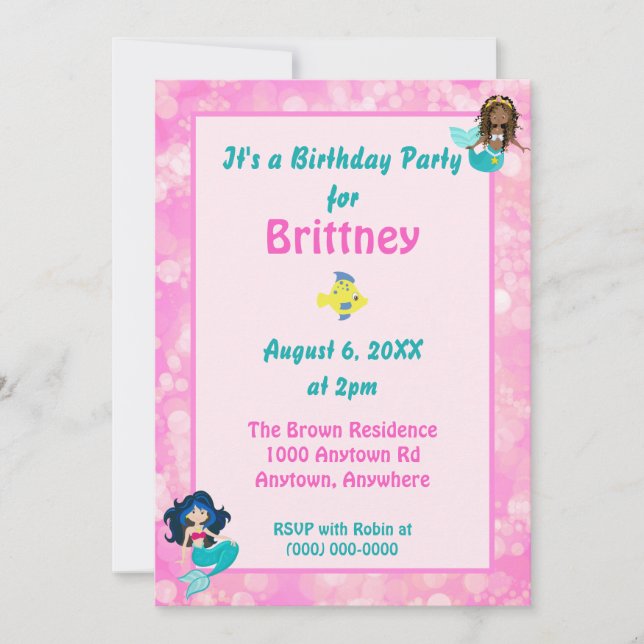 Invitación Tema de la sirena de Bokeh rosado cumpleaños (Anverso)