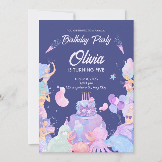 Invitación Tema de la sirena de cumpleaños (Anverso)