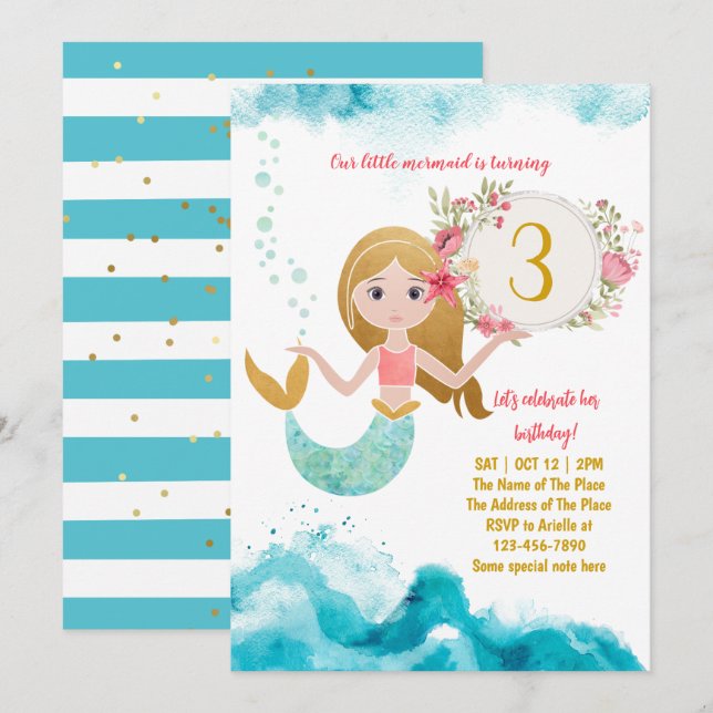 Invitación Tema De La Sirenita Bajo El Mar Niña Tercer Cumple (Anverso / Reverso)