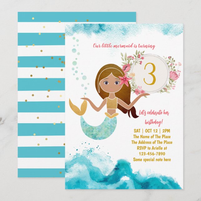 Invitación Tema De La Sirenita Bajo El Mar Niña Tercer Cumple (Anverso / Reverso)