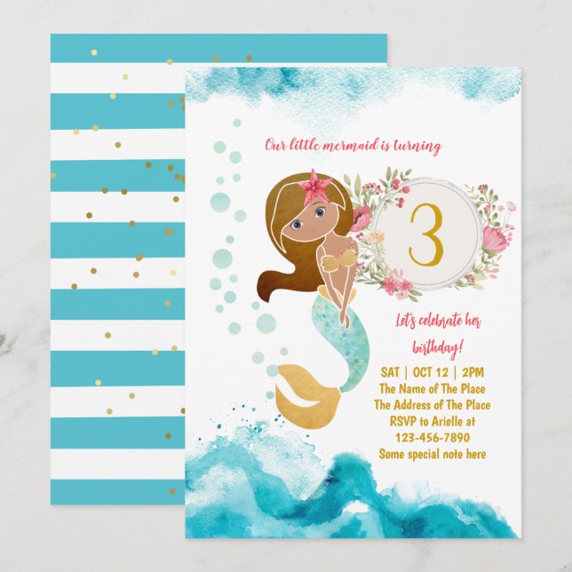 Invitación Tema De La Sirenita Bajo El Mar Niña Tercer Cumple (Anverso / Reverso)