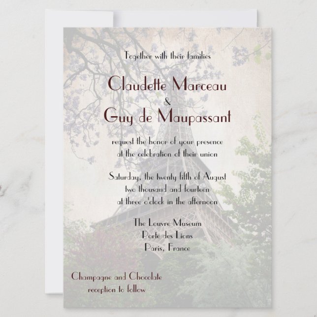 Invitación Tema de la Torre Eiffel, Boda francés (Anverso)