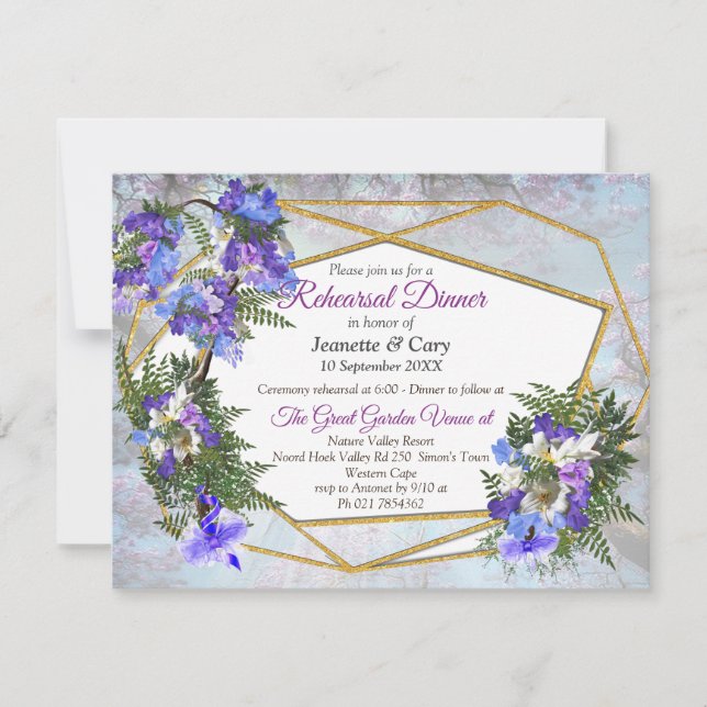 Invitación Tema de las flores geométricas de oro y Jacaranda (Anverso)