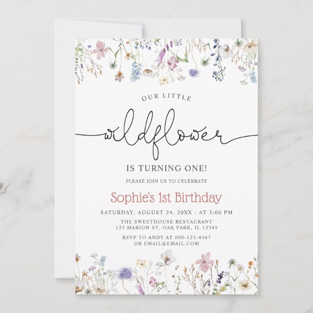 Invitación Tema de las flores silvestres Niña Primer cumpleañ (Anverso)