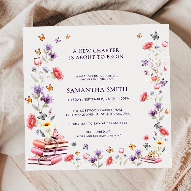 Invitación Tema de libro de amapola y lavanda cuadrada para d (Square poppy & lavender bridal shower invitation — elegant floral storybook design.)