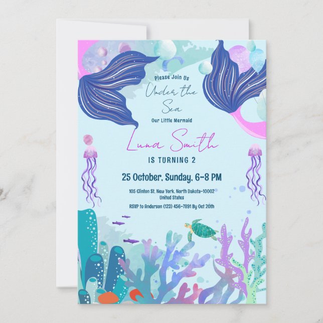 Invitación Tema de los animales del mar Chica de cumpleaños F (Anverso)