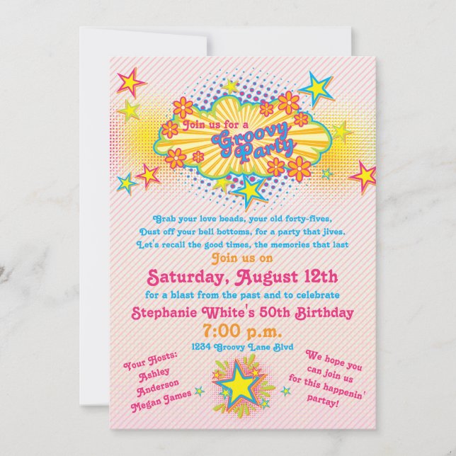 Invitación Tema de los años 70 Groovy Flower Power 50 cumplea (Anverso)