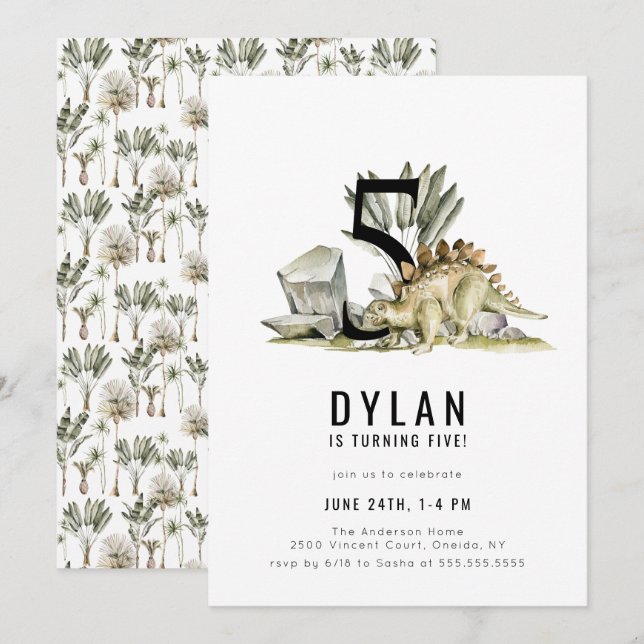 Invitación Tema de los dinosaurios 5ª fiesta de cumpleaños (Anverso / Reverso)
