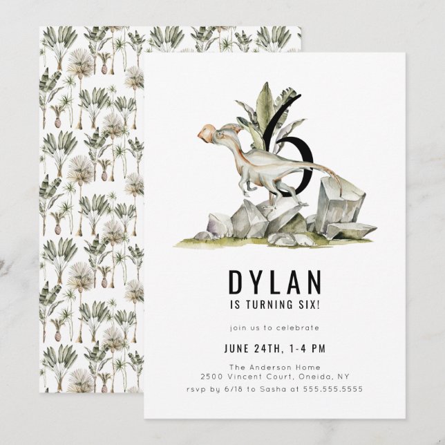 Invitación Tema de los dinosaurios 6ª fiesta de cumpleaños (Anverso / Reverso)