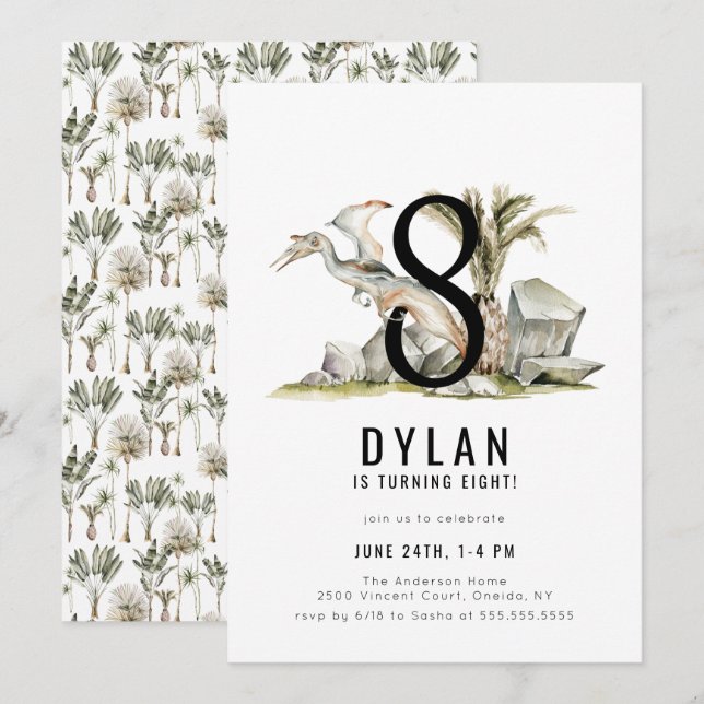 Invitación Tema de los dinosaurios 8ª fiesta de cumpleaños (Anverso / Reverso)