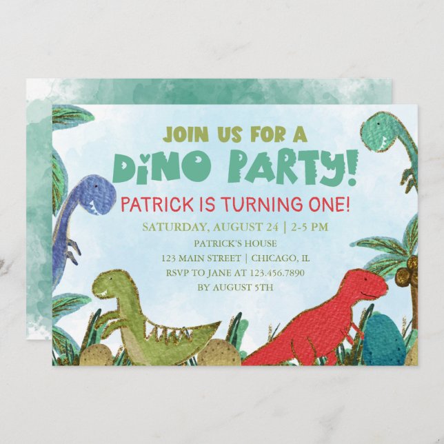 Invitación Tema de los dinosaurios Dino Fiesta Cumpleaños (Anverso / Reverso)