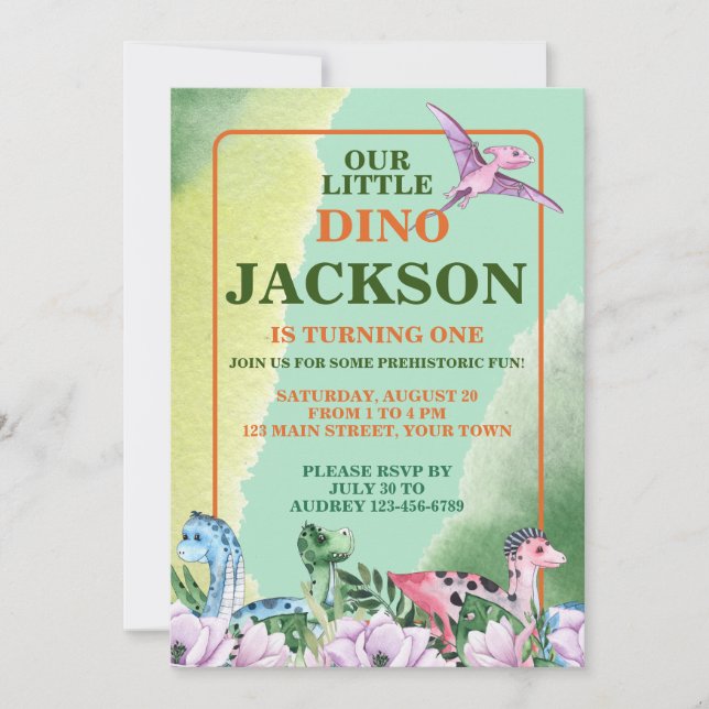 Invitación Tema de los dinosaurios Primer cumpleaños (Anverso)